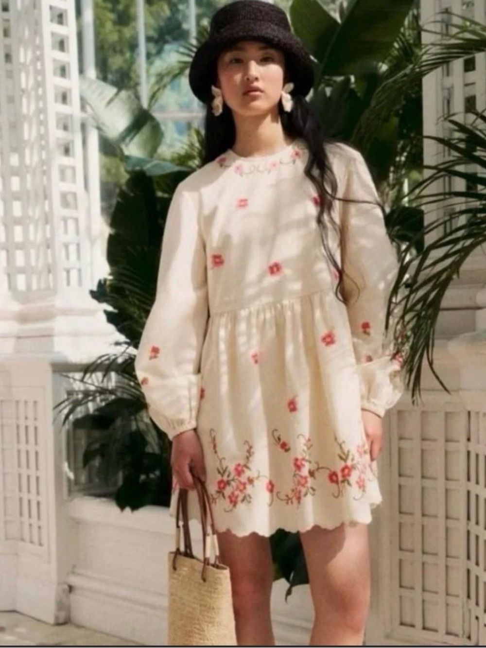Caroline Constas Embroidered Linen Babydoll Mini Dress Size Medium